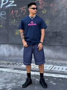 DAZY Quần short denim nam mùa hè, thêu chữ, màu gốc đã giặt. - Màu xanh lam - Xem 6