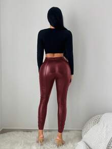 SHEIN SXY Solid Color Fitted Ruched Versatile Leather Street Leggings - Red - View 2