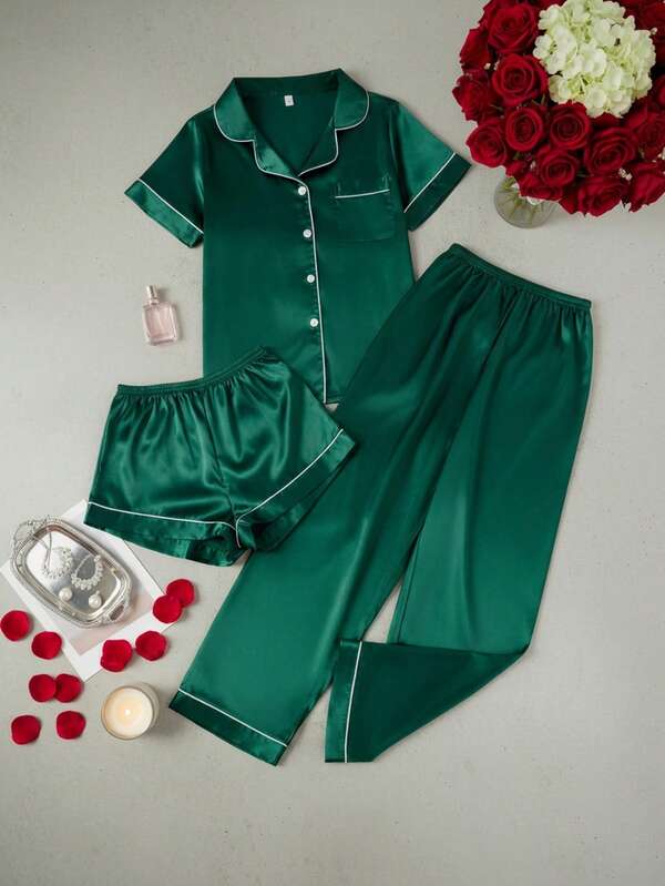 Set de 3 piezas de pijama de mujer con contraste de ribete unicolor de satén sintético con cuello