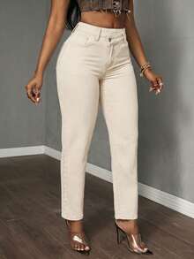 Slaydiva 大码纯色休闲牛仔裤 - 米色 - 查看 4