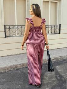 Lounesse Plus Size Women Square Neck Striped 2 Pieces Set, Versatile For Daily Commute And Casual Wear, Summer Outfits - Rose Red - View 3