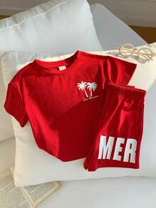 SHEIN 2pcs/Set Baby Boy Summer Casual Vacation Knit Red Printed Pattern Loose T-Shirt And Red Shorts Set - Multicolor - View 7