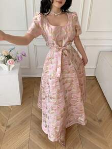 Celisse Textured Puff Sleeve Midi Dress, Square Neck, Cinched Waist Bow, Romantic Style For Dates And Commute, Elegant Tea Length Dress - Pink - View 6