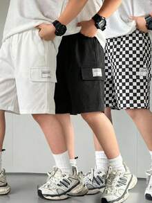 3件套儿童男童休闲日常百搭舒适纯色梭织贴袋宽松短裤，3种不同款式，适合通勤、上学、休闲、旅行、运动、春夏穿着。 - 黑與白 - 查看 8