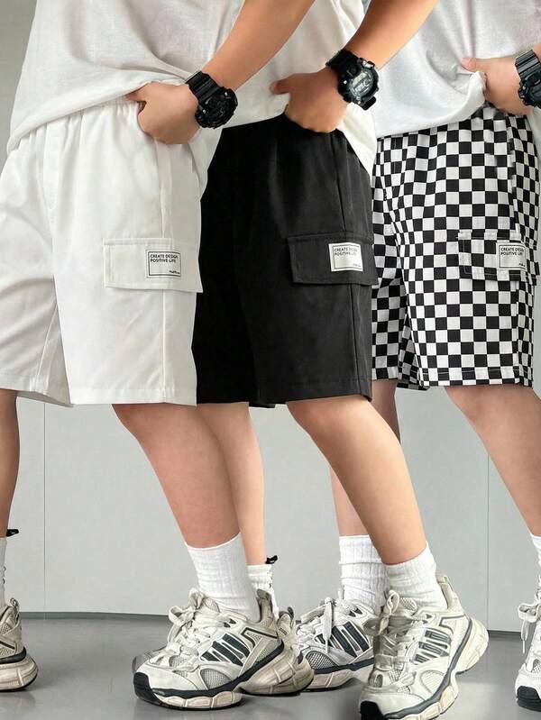 3pcs/Set Kids Boys' Casual Everyday Versatile Comfortable Solid Color Woven Patch Pocket Loose Fit Woven Shorts, 3 Different Styles, Suitable For Commuting, School, Casual, Travel, Sports, Spring/Summer,Toddler Boy Clothes,Toddler