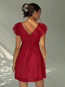 Aloruh Elegant Sexy Charming Ruffle Sleeve A-Line Deep V-Neck Backless Mini Dress For Women - Burgundy - View 2