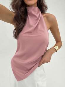 Aloruh 女士时尚纯色不对称下摆露背吊带上衣 - 藕粉色 - 查看 6