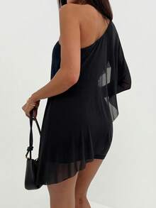 Aloruh Women's Solid Color Minimalist Casual Asymmetrical Shoulder Mini Dress ,Summer Dress - Black - View 2