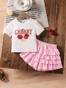 SHEIN LMoss Kids 两件套女童樱桃印花针织上衣和格子半裙套装 - 淺粉色 - 查看 5