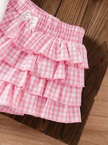 SHEIN LMoss Kids 两件套女童樱桃印花针织上衣和格子半裙套装 - 淺粉色 - 查看 7