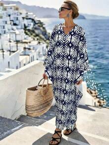 Breezaya 棉质印花复古宽松连衣裙，波西米亚风格假日连衣裙 - 藍色 - 查看 6