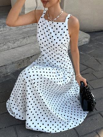 Cévolie Women's Fashionable Casual Polka Dot Print Sleeveless Dress