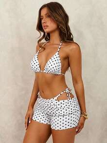 Swim Vcay Summer New Beach Vacation Party Afternoon Tea Polka Dot Print Micro Triangle Side Tie Ruched 3 PiecesWomen Swimsuit Set Birthday Search Swimsuits Two Piece Bikini Short Set Holiday Polka Dot Bikini Polka Dot Bathing Suit - Multicolor - View 6
