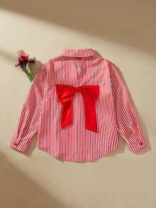 Anewsta Girls' Casual Loose Fit Single-Breasted Shirt With Bow Tie, Red Striped Long Sleeve Blouse - Red - View 8