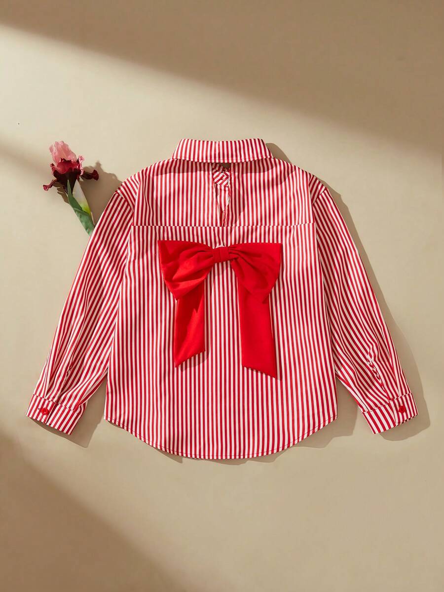 Anewsta Girls' Casual Loose Fit Single-Breasted Shirt With Bow Tie, Red Striped Long Sleeve Blouse - Red - View 1