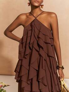 Zivah 2026春夏新款婚礼季、音乐节、复活节、西部风、游牧风、波西米亚风、纳什维尔风、派对、婚礼、晚宴、约会、聚会、生日、学院风、学生装、日常出行、百搭基础款、休闲、度假、邮轮旅行、海滩、日光浴、爆款、优雅、通勤、商务休闲无袖多层荷叶边宽松A字长裙，深棕色连衣裙，春夏连衣裙，派对连衣裙，性感连衣裙，优雅连衣裙，女士连衣裙 - 咖啡棕 - 查看 1