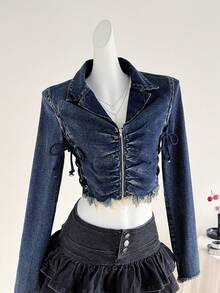 Elamini 女士短款牛仔夹克，带交叉绑带 - 藍色 - 查看 3