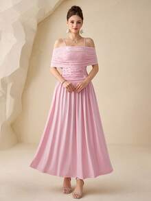 Modelyn 女士高端褶皱露肩粉色连衣裙，小众串珠腰部优雅长裙 - 粉色 - 查看 7