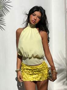 Aloruh Women's Yellow Chiffon Halter Tie Back Blouse, Spring/Summer - Yellow - View 7