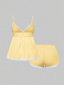 ROMWE Women Contrast Lace Camisole And Shorts Casual Pajama Set - Yellow - View 2