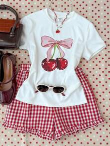 Bộ đồ hè 2 mảnh mới cho bé gái tuổi teen, kiểu dáng thời trang thường ngày với nơ và họa tiết quả anh đào, áo ngắn tay và quần short kẻ caro ôm sát, phù hợp cho đi làm, dự tiệc, ngày Valentine, hẹn hò, đi học, mùa hè, kỳ nghỉ biển. - Nhiều màu - Xem 8