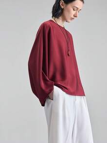 Ontre 夏季新款复古红色圆领插肩袖蝙蝠袖宽松上衣，修身百搭，适合夏季穿着 - 中紫紅色 - 查看 8