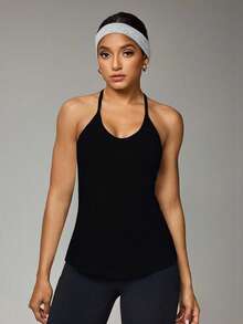 Seamluxe SHEIN Sport 女式纯色日常健身挂脖背心 - 黑色 - 查看 3