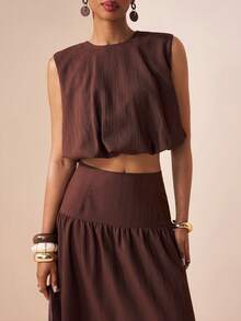 Zivah 2026春季新款深棕色无袖圆领荷叶边下摆上衣和A字中长裙套装（2件套） - 咖啡棕 - 查看 6