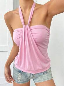 SHEIN EZwear Áo hai dây hở lưng màu hồng dáng rộng dành cho nữ, thích hợp cho mùa xuân/hè. - Hồng - Xem 3