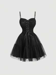 SHEIN MOD Black Tulle Corset Mini Dress, Ruched Mesh Fabric, Gothic Party Dress, Wedding Guest Dress, Prom, Evening Cocktail, Puffy Skirt, Sleeveless, Lace Up Front, Elegant, Retro, Vintage Style, A-Line, Sexy, Chic, Layered, Sweetheart Neckline, Little Black Dress, Homecoming, Graduation, Birthday, Dinner, Formal, Event, Reception, Celebration, Bridesmaid, Fashionable, Edgy, Y2K Style, Night Out, Stylish, Textured, Statement Piece, Special Occasion - Black - View 1