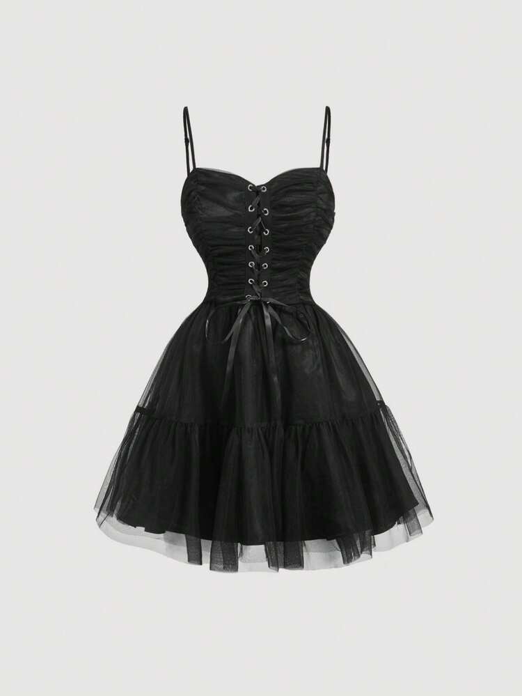 SHEIN MOD Black Tulle Corset Mini Dress, Ruched Mesh Fabric, Gothic Party  Dress, Wedding Guest Dress, Prom, Evening Cocktail, Puffy Skirt,  Sleeveless, Lace Up Front, Elegant, Retro, Vintage Style, A-Line, Sexy,  Chic,