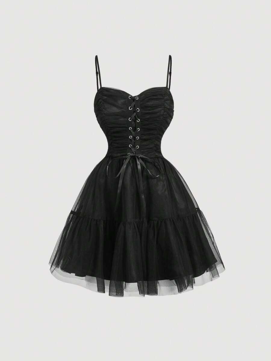SHEIN MOD Black Tulle Corset Mini Dress, Ruched Mesh Fabric, Gothic Party Dress, Wedding Guest Dress, Prom, Evening Cocktail, Puffy Skirt, Sleeveless, Lace Up Front, Elegant, Retro, Vintage Style, A-Line, Sexy, Chic, Layered, Sweetheart Neckline, Little Black Dress, Homecoming, Graduation, Birthday, Dinner, Formal, Event, Reception, Celebration, Bridesmaid, Fashionable, Edgy, Y2K Style, Night Out, Stylish, Textured, Statement Piece, Special Occasion - Black - View 1