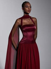 Elitara Elegant Minimalist Burgundy Spaghetti Strap A-Line Backless Formal Evening Gown With Detachable Belt - Burgundy - View 2