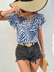 SHEIN Essnce 夏季斑马纹圆领双层短袖衬衫 斑马纹上衣 夏季休闲上衣 动物纹上衣 可爱短袖上衣 女士短袖上衣 - 藍白色 - 查看 4