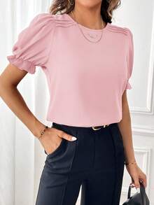 SHEIN Essnce 女士纯色圆领休闲百搭通勤短袖衬衫 - 粉色 - 查看 3