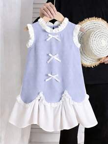 SHEIN Elladie kids 少女提花面料蝴蝶结装饰时尚连衣裙 - 藍色 - 查看 4