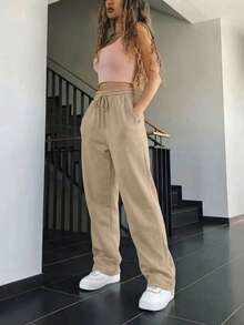 Pantalones baggy de chándal casuales de punto de corte holgado, para usar en casa y hacer deporte - Beis - Ver 3