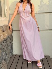 Vestido sin mangas con cuello en V y espalda descubierta de , vestido de línea A con cintura ajustable y lazo, vestido versátil para vacaciones - Rosa - Ver 11