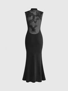 ROMWE Avant Dark Chinese Style Dragon Embroidery Backless Dress For Women - Black - View 1