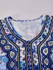 SHEIN 少女长袖碎花连衣裙，适合通勤、外出和日常穿着 - 藍白色 - 查看 2