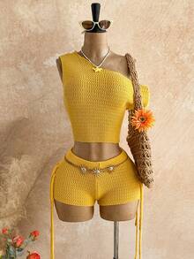 Soleia Casual Outfit For Women Beach Summer Outfits Vacation Womenvyellow 2pcs Solid Color Asymmetrical Shoulder Knit Top And Fringe Design Shorts Set - Yellow - View 4