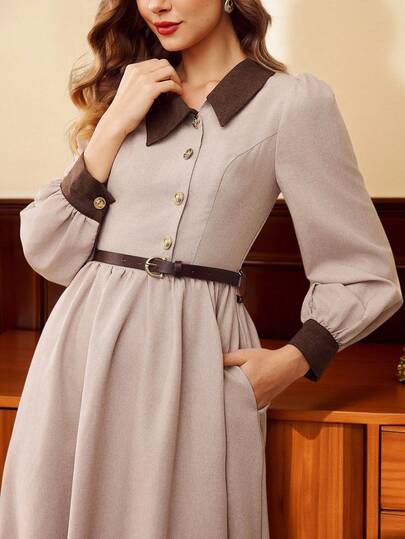 Vintamour 复古经典学院风女式连衣裙，秋冬季，修身剪裁，撞色领连衣裙，不对称领连衣裙，系带连衣裙，长袖连衣裙，浅卡其色连衣裙