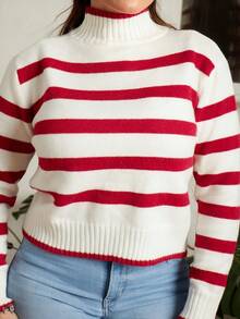 Lupita Cardoza 女式休闲拼色条纹立领毛衣，秋冬 - 紅白色 - 查看 5
