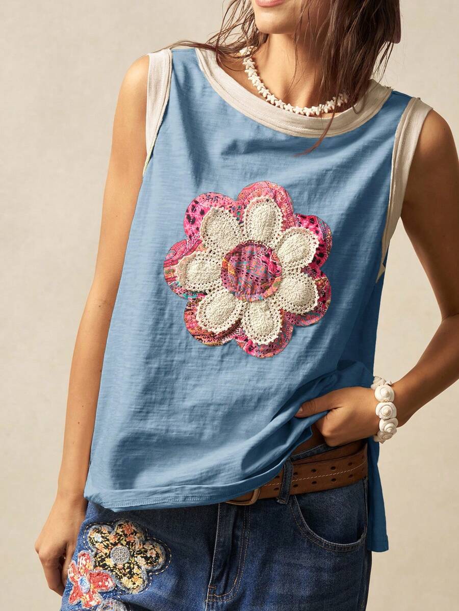 Bohemela Solid Color Knitted Sleeveless Loose Fit Tank Top For Women Flower Tank Top Boho Tank Top Women Cotton Tops Women Summer - Multicolor - View 1