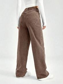 SHEIN EZwear 女士带口袋纽扣休闲百搭日常穿着阔腿牛仔裤 - 棕色 - 查看 2