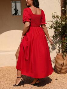 Elenzga Plus Size Vintage A-Line Dress With Puff Sleeves And Square Neckline - Red - View 2