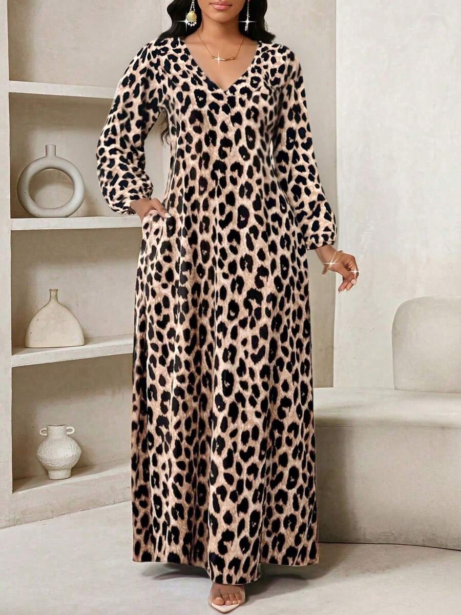 SHEIN Lady Đầm dài tay cổ chữ V, túi chéo, họa tiết da báo kiểu Âu và Mỹ dành cho nữ. - Màu Khaki - Xem 1