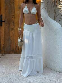 Sunnyshic 女士高腰白色喇叭裙，采用纹理面料，饰有蕾丝边，优雅时尚，欧美风，适合夏季度假穿着。 - 白色 - 查看 5