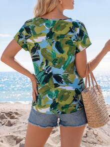 Sylviya Women's Random Printed Batwing Sleeve Blouse,Short Sleeve Tops - Green - View 2