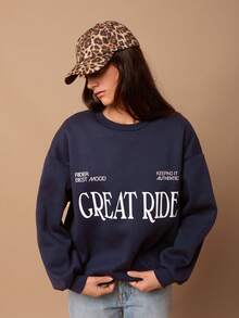 SURIMA Avslappnad minimalistisk tryckt mönster rund halsringning lös passform damtröja, höst/vinter - Marinblå - Visa 4